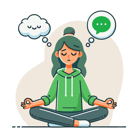 Flat Illustration of Woman in Green Hoodie Meditating Thinking Cloud and Speech Bubbleのイラスト素材
