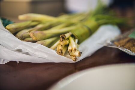 fresh green Scallion in the kitchen ready for cooking. fresh green onion tree leaves, Scallion....
