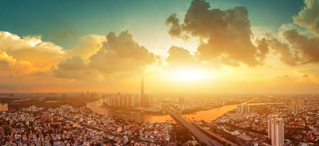 Panorama aerial view at Landmark 81 is a super tall skyscraper in center Ho Chi Minh City, Vietnam...