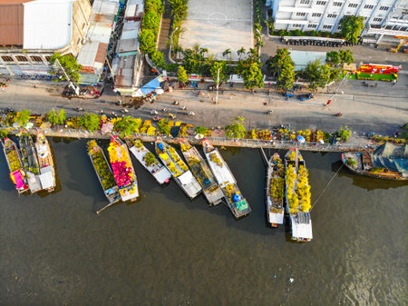 Aerial view of Ben Binh Dong (Binh Dong harbour) in lunar new year ( Tet Festical in Vietnam) with...