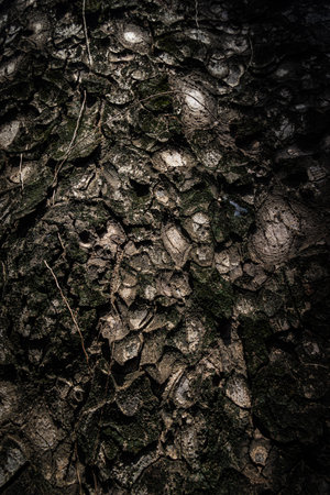 Bark pattern is seamless texture from tree. Oak wood background. Old trunk pattern. Dry log material cracked surface. Abstract rustic hardwood timber. Natural forest materialの写真素材
