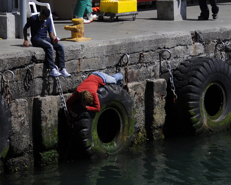 Children fishing off harbour wall, Kalk Bay, Cape Town South Africaのeditorial素材