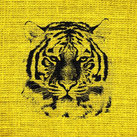 Tiger Fine Art on Burlap Rustic Juteの写真素材