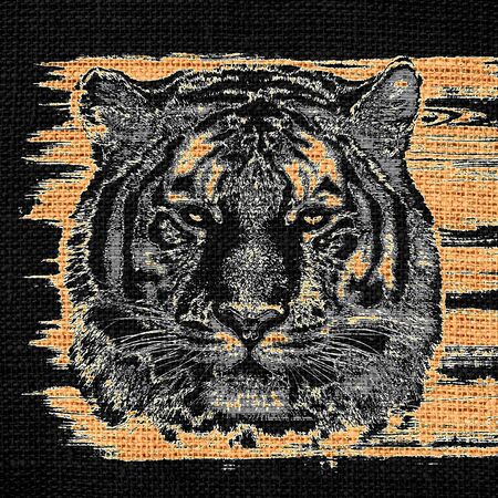 Tiger Fine Art on Burlap Rustic Juteの写真素材