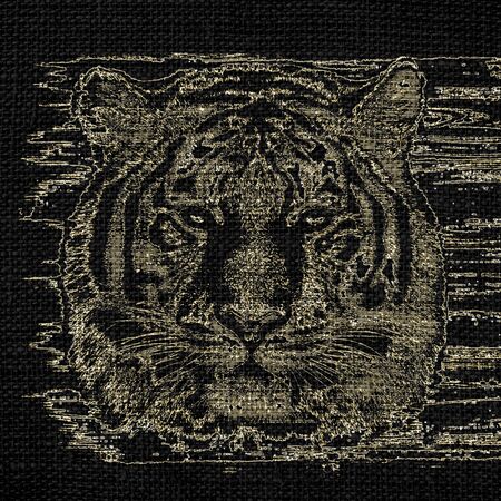 Tiger Fine Art on Burlap Rustic Juteの写真素材
