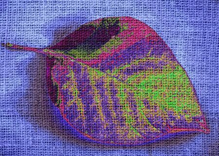 Art Painted Leaf  on Burlap Linen Rustic Jute Backgroundの写真素材