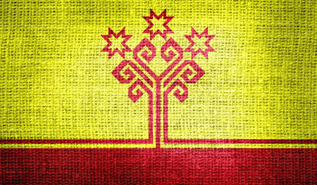 Chuvashia flag on burlap fabricの写真素材