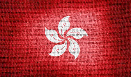 Hong Kong flag on burlap fabricの写真素材