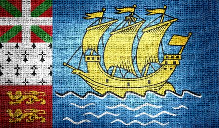 Saint Pierre and Miquelon flag on burlap fabricの写真素材