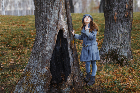A girl in grey coat and a cute gray hat in the forest of oaks in early spring walking. A girl with long hair outside after rain at the sunsetの写真素材