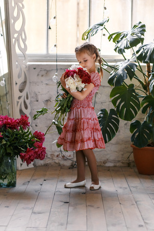 Cute little girl with peonies in studioの写真素材