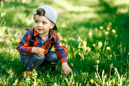 A cute boy having fun outside in the country in summer at the sunset. a boy playing with yellow dandelions in the gardenの写真素材