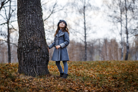 A cute little girl in grey coat and gray hat near the thick old oak in the oak wood at the sunsetの写真素材
