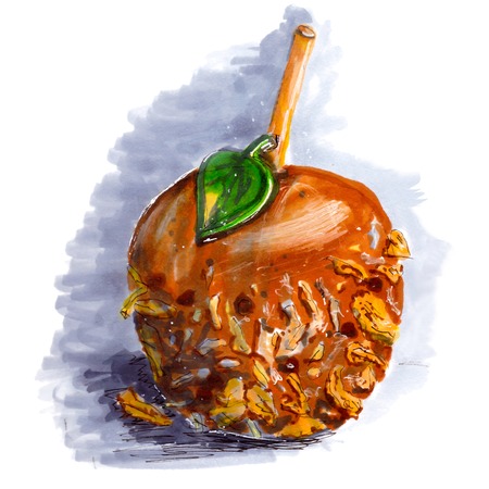 Marker sketch of coated caramel apple. Halloween dessert on wooden stick with walnut, chocolate, coconut, taffy. Tasty food. Gray shadow. Isolated on white background. Hand drawing on paper. Macro cutout. Brown, green, yellow, gray. Creativity, art.の写真素材