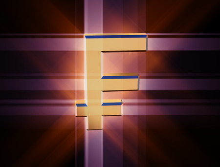 threedimensional image of the gold franc symbol among the colored rays