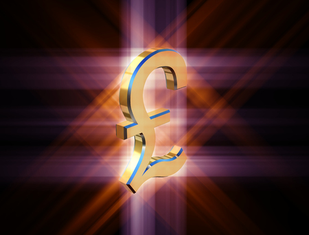 three-dimensional image of golden pound symbol among the colored raysの写真素材
