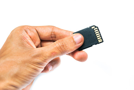 Hand with SD CARD. Memory data for digital technology isolated.の写真素材