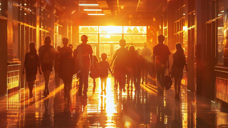 Silhouette of people walking in the corridor of the airport.の素材