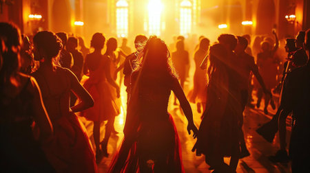 Fashion show in the night city. Crowd of people walking on the streetの素材