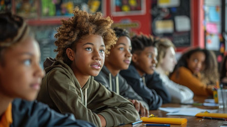 Portrait of African-American girl looking at camera during lesson in classroomの素材