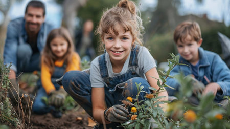Portrait of smiling little girl planting flowers in garden with her parentsの素材