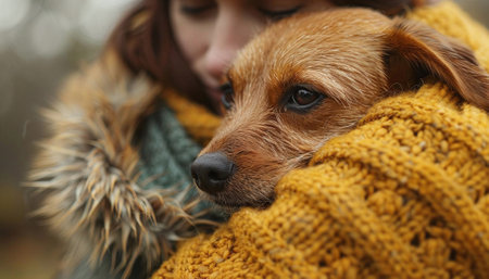 Beautiful young woman with cute dog in autumn park, closeupの素材