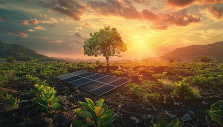 solar energy and tree in the field at sunset,3d renderの素材