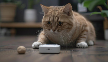Cute ginger cat playing with a mobile phone on the floor at homeの素材
