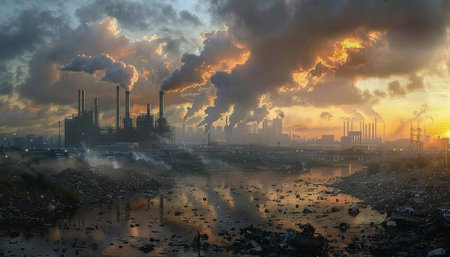 Industrial landscape with power plant at sunset, 3d render.の素材