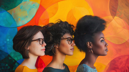 Beautiful young women with afro hairstyle and glasses against colorful backgroundの素材