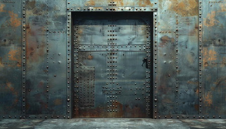 3D render of an industrial metal door in an old factory buildingの素材