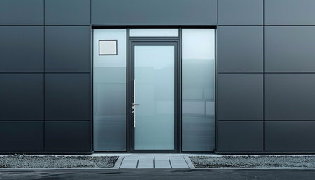 3d rendering of a modern office building with a glass door.の素材