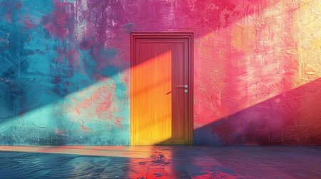 3d rendering of an open door in the room with colorful wallの素材