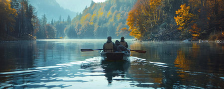 Couple rowing a canoe on the lake in the autumn forestの素材