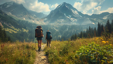 Hiking in the mountains with a backpack and tent. Trekking in the mountains.の素材