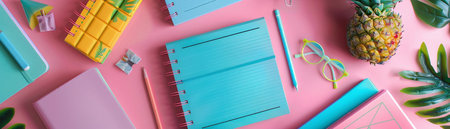 top view of colorful stationery on pink background, panoramic shotの素材