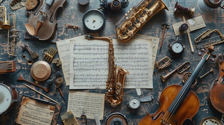 Musical instruments and music notes on vintage background. Top view.の素材