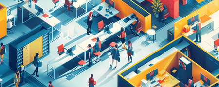 Isometric office interior with business people. 3d vector illustration.の素材