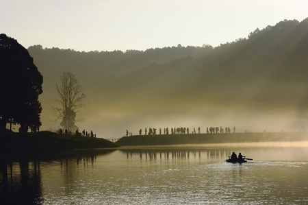 Silhouette at near lagoon in sunrise.Pang Ung,Thailand.の写真素材
