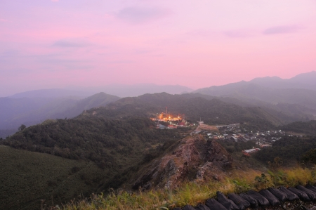 Sunrise on the mountains at the Thai - Myanmar border ridge in Kanchanaburi, Thailand.の写真素材