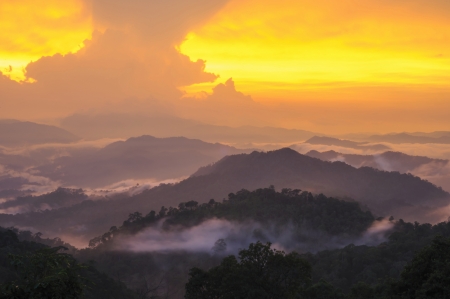 Sunset beam on forest and mountain landscape in thailand の写真素材