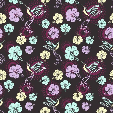 Vintage elegant pattern of hibiscul floral and hummingbird. Vector illustration for fashion wrapping and textile print.の写真素材