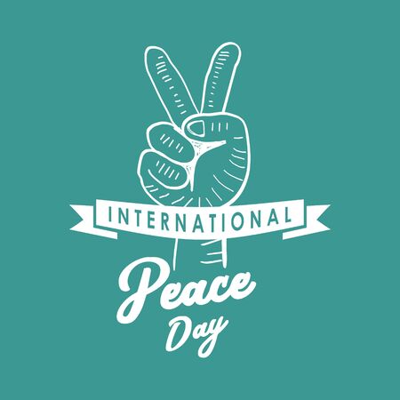 Hand drawn International Peace Day vector. Lettering calligraphy illustration isolated on blue background.の写真素材