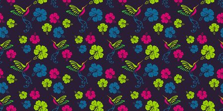 Trendy floral pattern with colorful hibiscus flowers and Colibri bird. Vector illustration for fashion wrapping and textile print.の写真素材