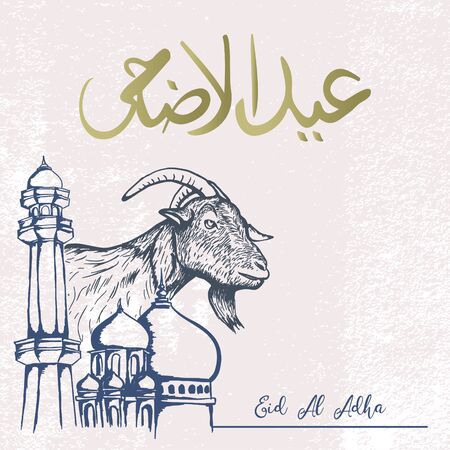 Eid al Adha greeting design hand drawn goat and mosque with arabic calligraphy vector illustration vintage designのイラスト素材
