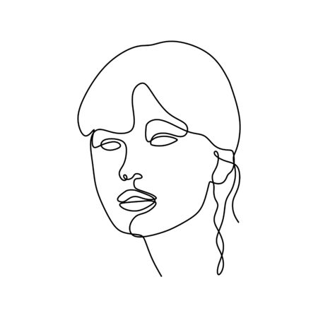 Abstract girl face minimalism continuous line drawing vector illustration minimalist design. Artistic women portrait with one lineart style.のイラスト素材