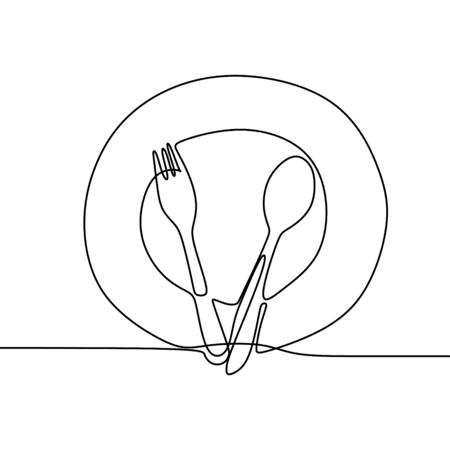 Continuous line drawing of plate, knife, and fork. Minimalism hand drawn one lineart minimalist vector illustration on white background. Dinner theme with creative symbol.のイラスト素材