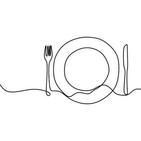 One continuous line plate, knife and fork. Vector illustration minimalism style drawing lineart isolated on white background.のイラスト素材