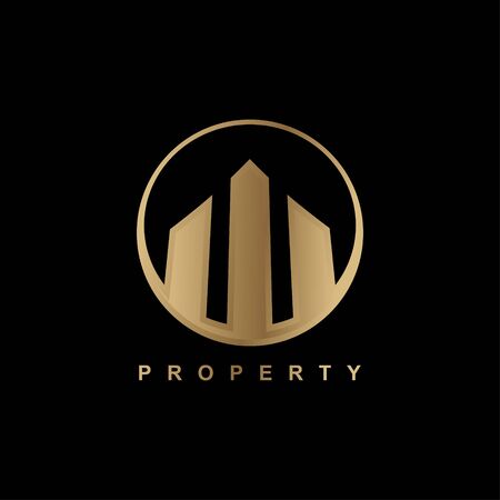 Golden building real estate logo icon concept template on dark backgroundのイラスト素材