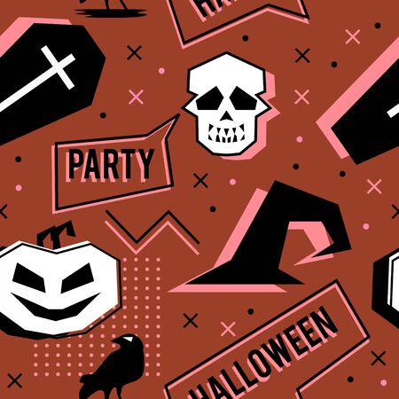 Vector trendy halloween seamless pattern with memphis geometric style of ghost, skull, spider web, and horror crow. Fashion artistic ready for print.のイラスト素材